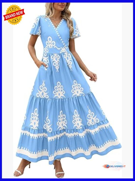Dresses & Skirts - Boho Maxi Dress with Pockets Tiered Bell Sleeve